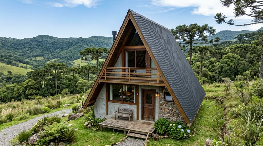 Chalé A-frame de estrutura mista em madeira e pedra