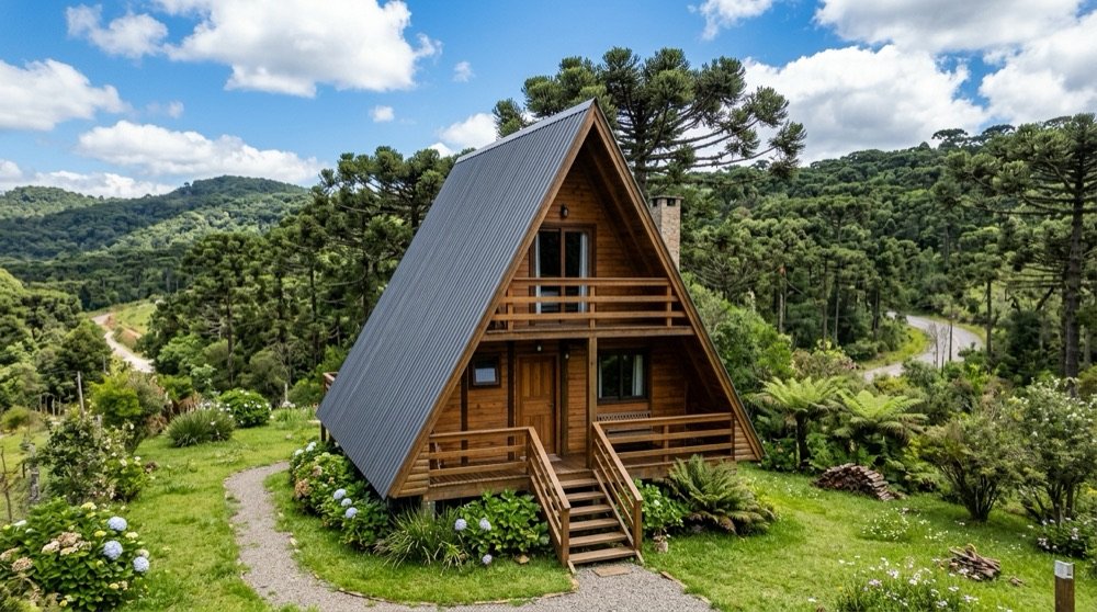 Chalé A-frame em madeira com varanda no segundo piso