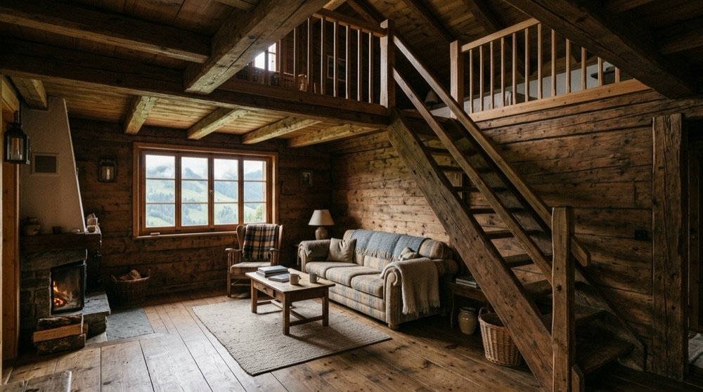 Interior de chalé com lareira, mezanino e janela panorâmica
