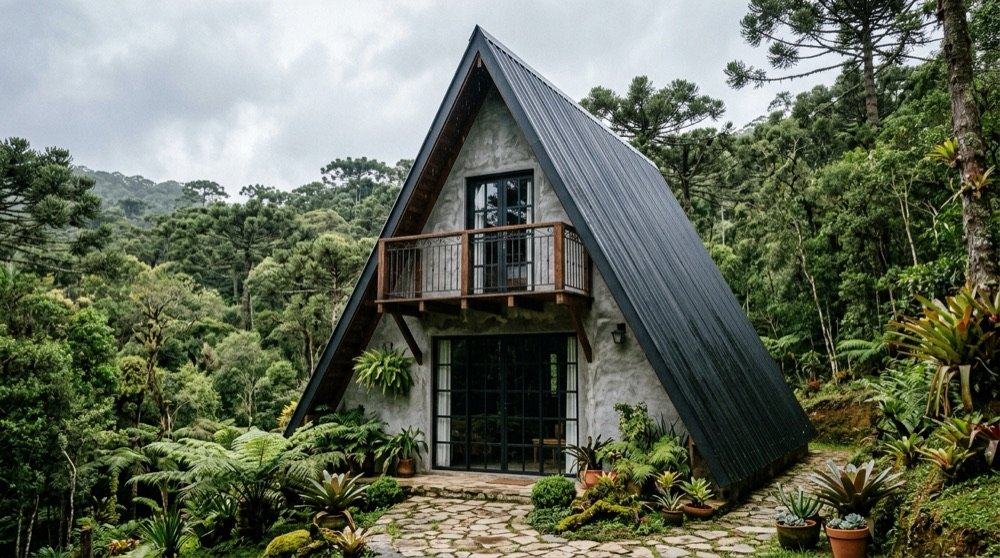 Chalé A-frame de alvenaria com telhado escuro